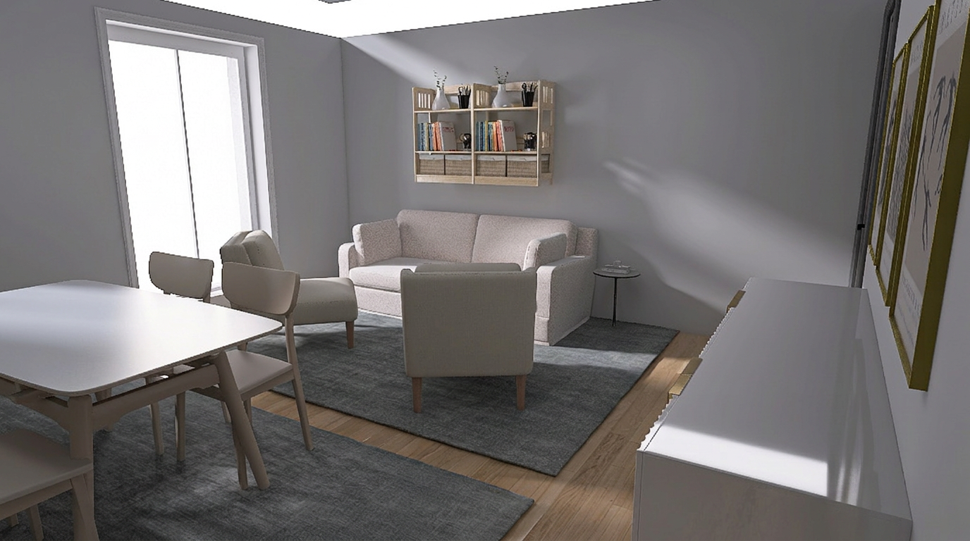 Render della zona giorno del trilocale con terrazza
